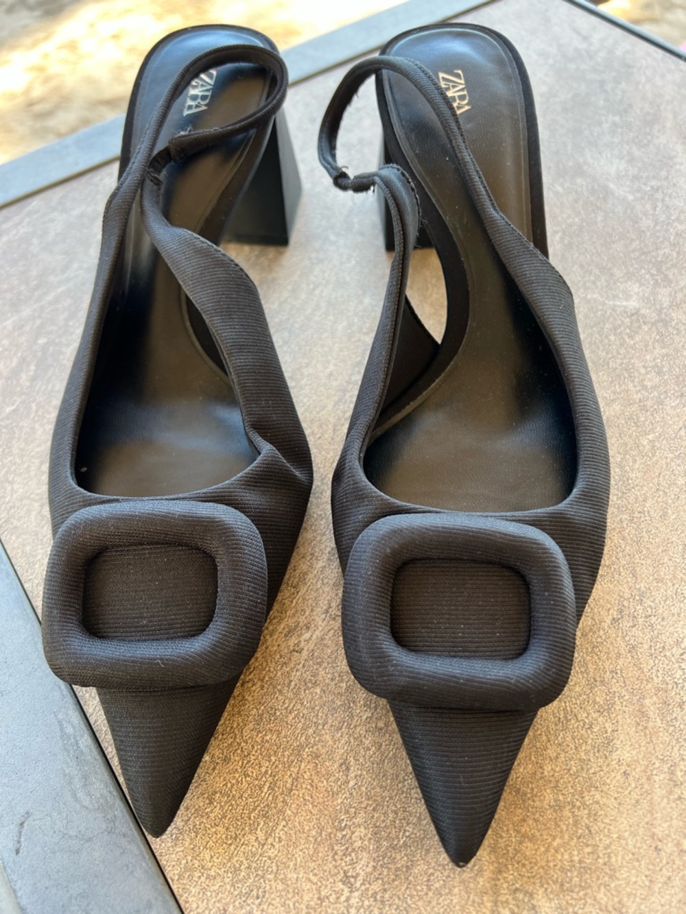 Zara Black Pointed Slingback Heels with Padded Square Buckle